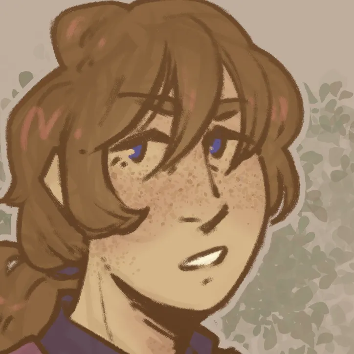 A drawing of a fair-skinned teenage boy with messy, platinum blonde hair. It sweeps over one eye and has black raccoon stripes in it.